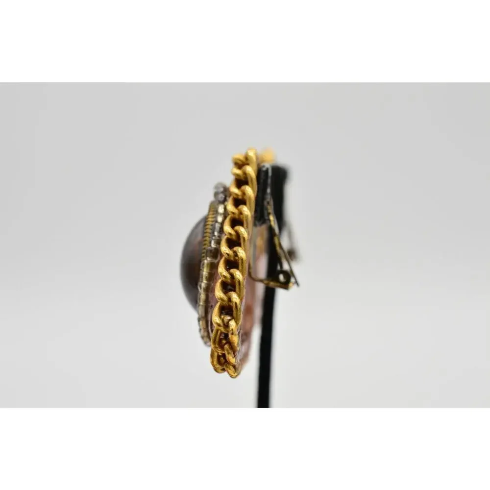 Vintage Clip On Earrings Faux Leather Wooden Bead Gold Chain Chunky 1980s 9L